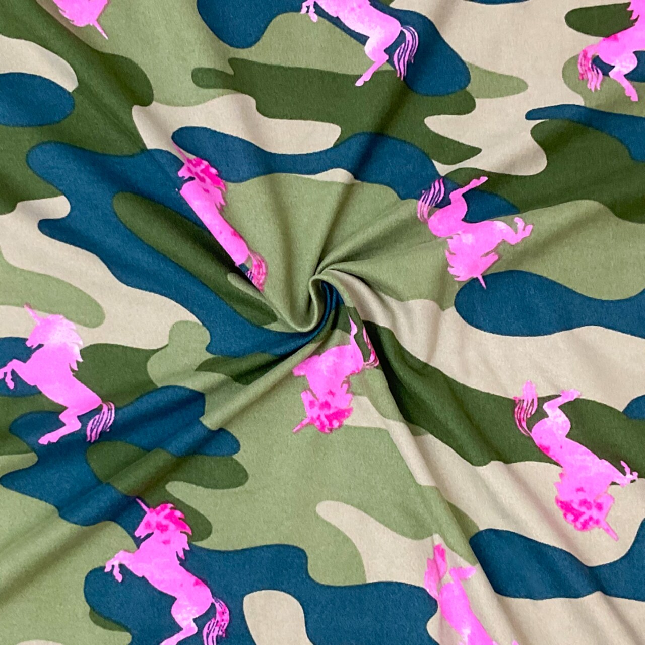 Green-Pink Poly Stretch Spandex Camo Unicorn Print DB Jersey Knit Fabric By the Yard